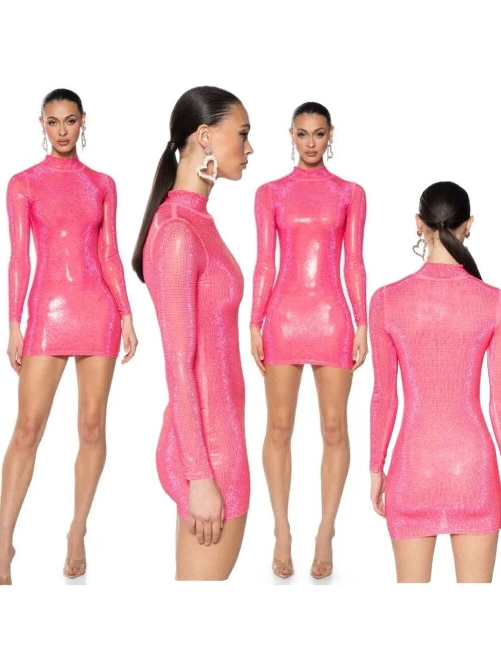 AKIRA Lets Go Party Rhinestone embellished Diamante long sleeve Mini Dress pink